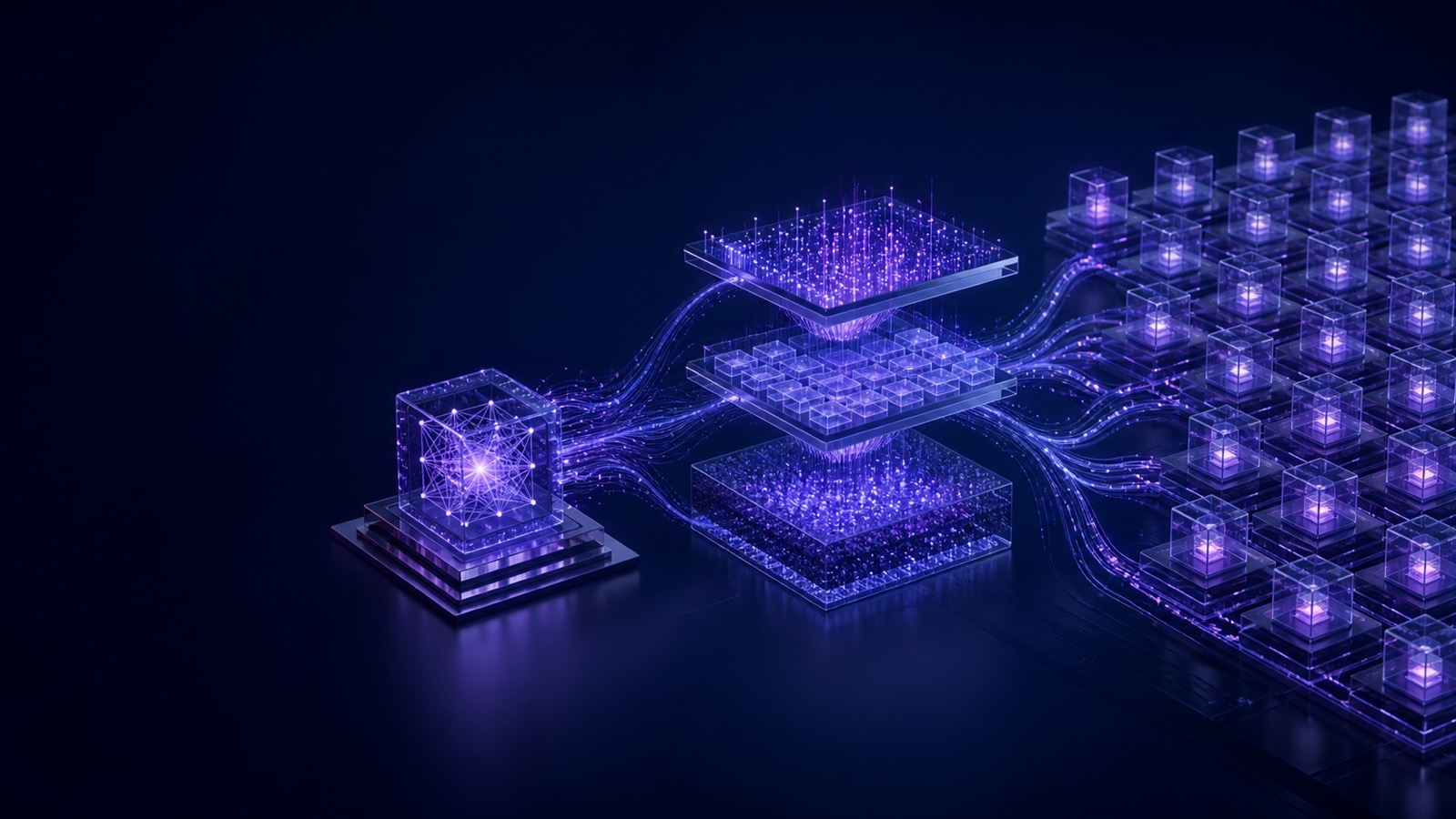 An abstract three-dimensional concept linking a model core, tiered inference memory and an expanding field of cloud-compute nodes