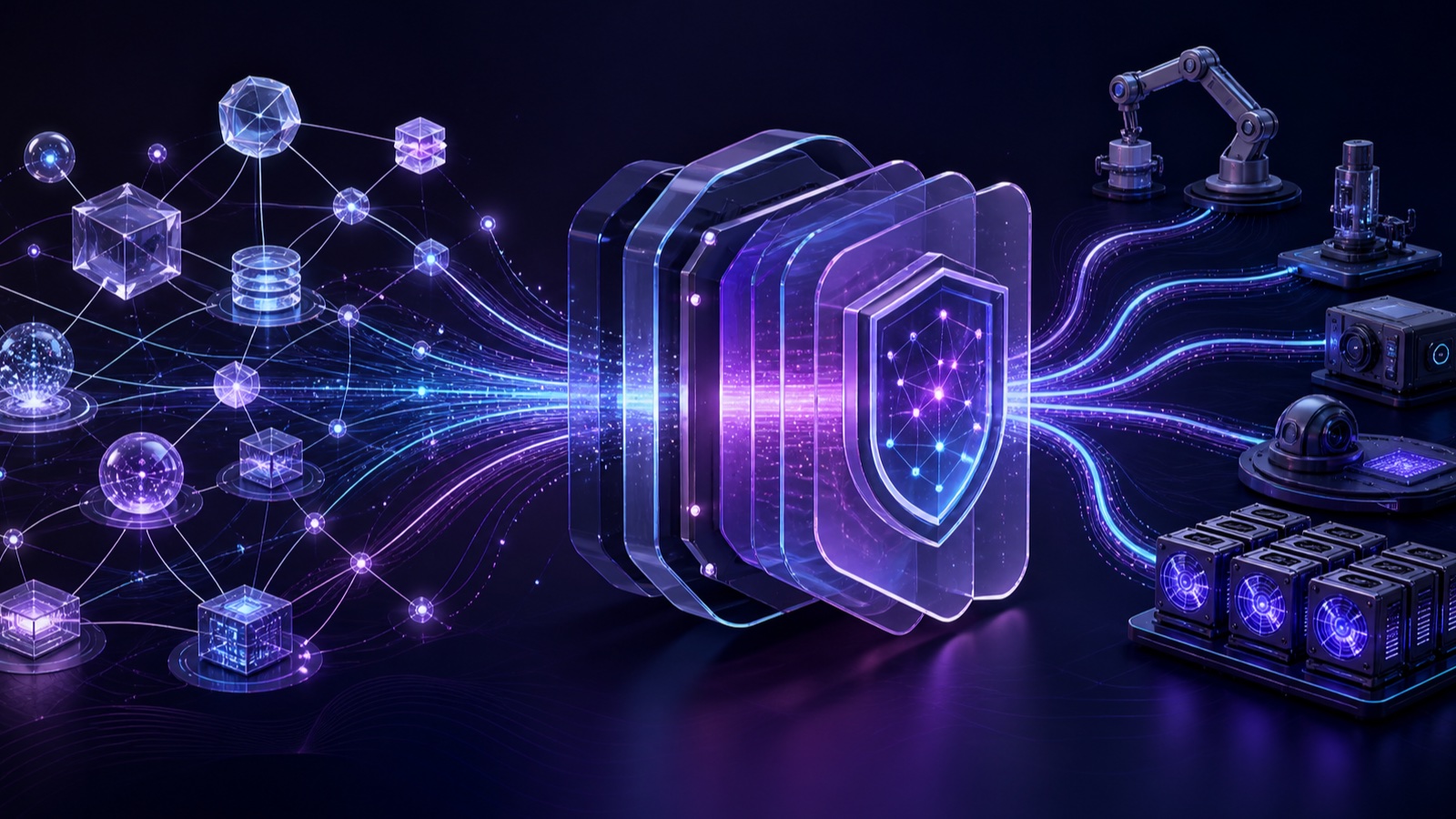 An abstract three-dimensional concept showing enterprise data passing through a governed interface to physical devices and compute nodes