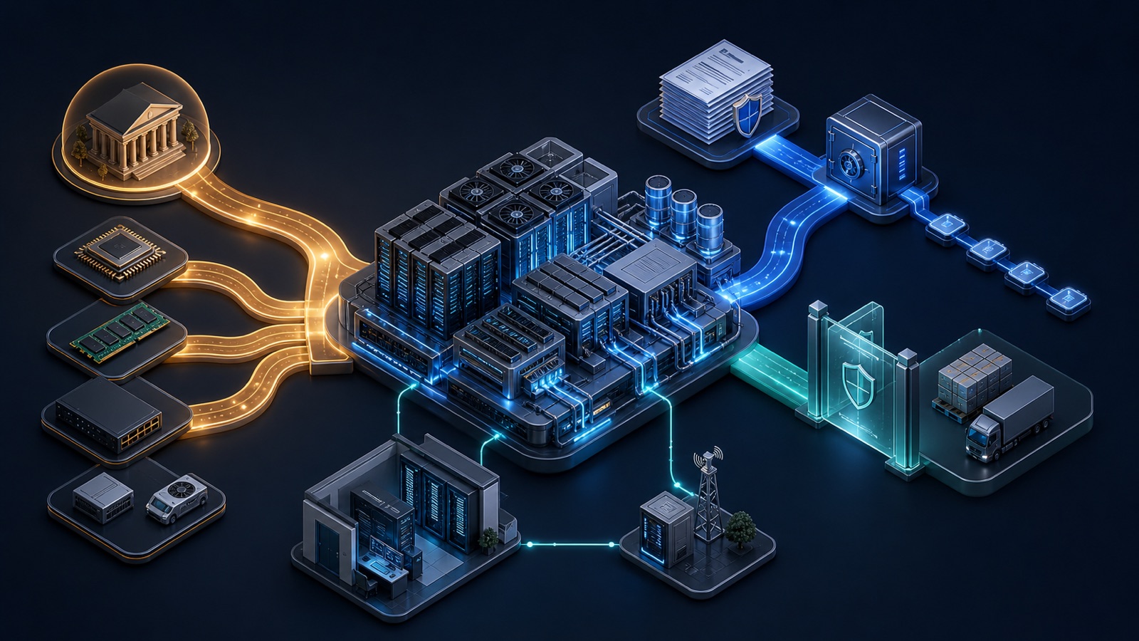 An abstract three-dimensional concept connecting dedicated capital, asset-backed financing and a governance-constrained credit channel to AI compute infrastructure