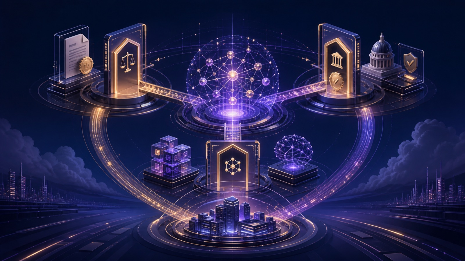 Abstract illustration of an enterprise knowledge network remaining connected across three control gates: runtime permissions, commercial contracts and public procurement