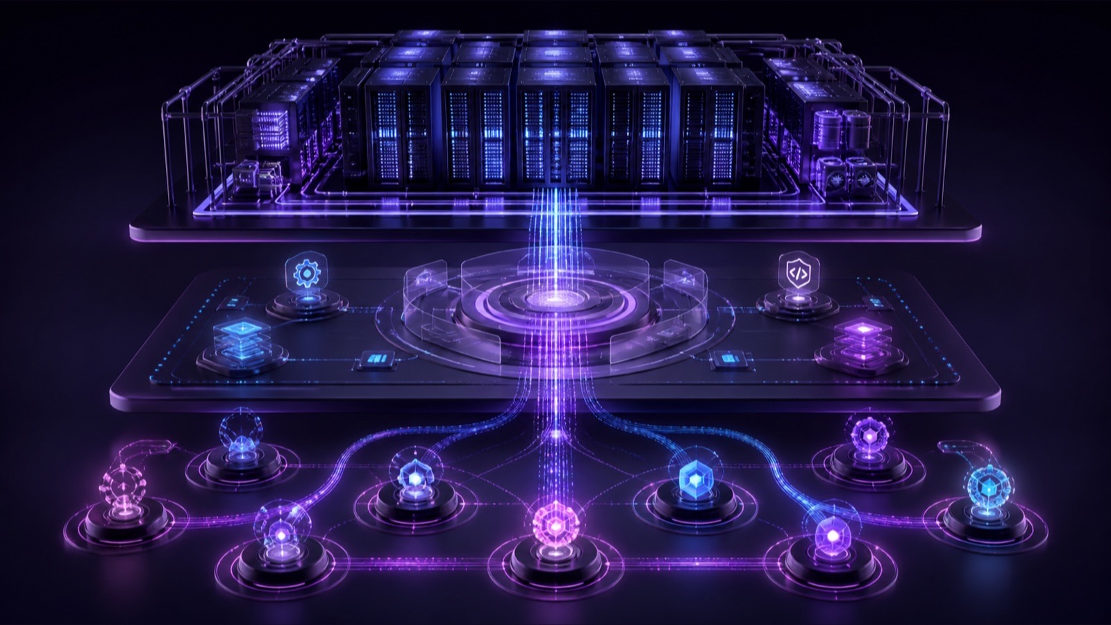 Abstract three-layer enterprise AI operations diagram in which Agent status nodes connect through a governance platform to rack-scale computing infrastructure