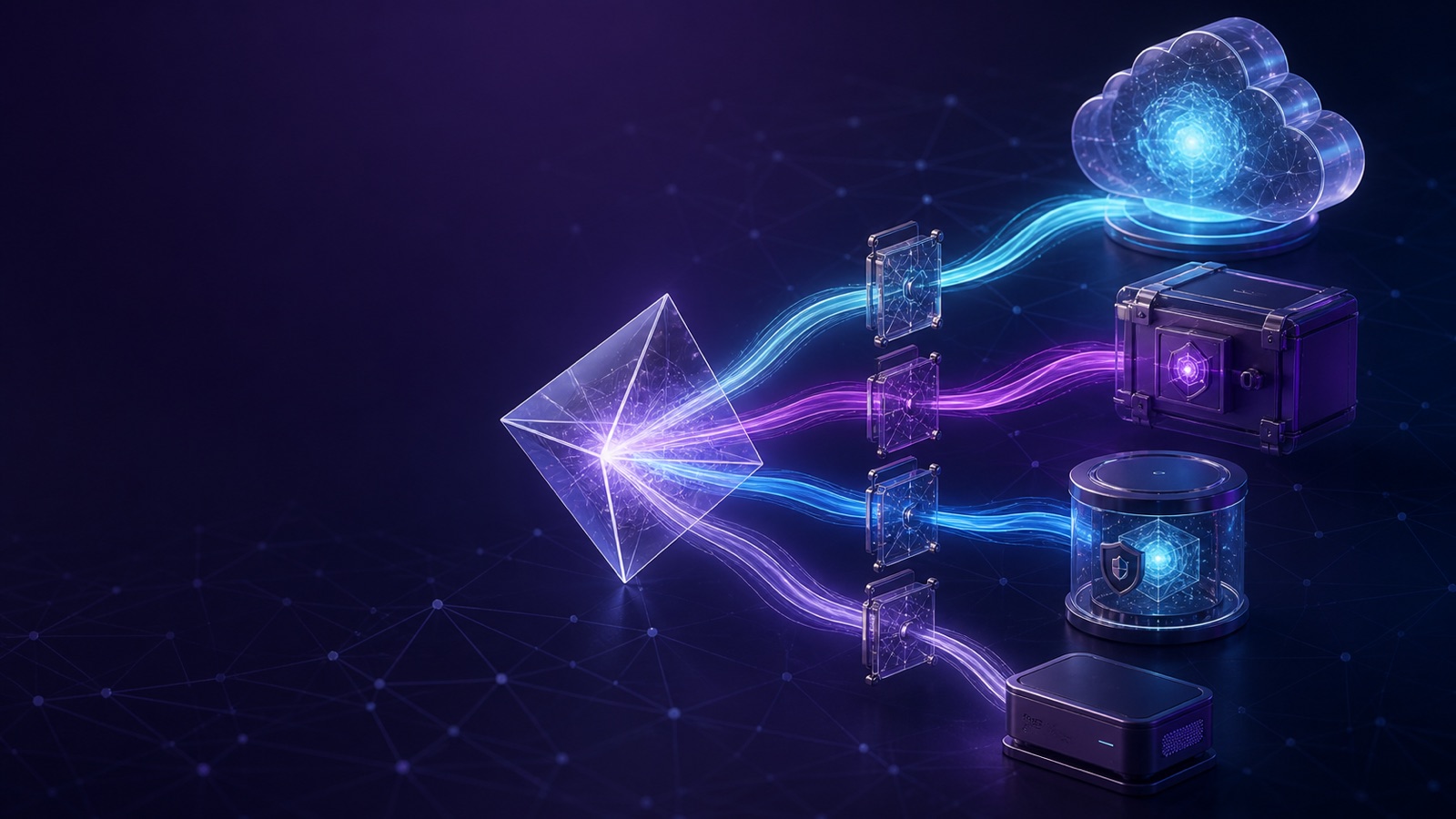 Abstract three-dimensional illustration: an enterprise AI core links governed cloud reasoning, a restricted-capability zone, a customer-owned audit zone and a local-compute node