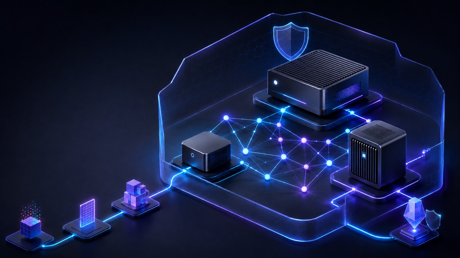 Abstract three-dimensional illustration: three compact local-AI devices operate through a knowledge network inside a protected data boundary