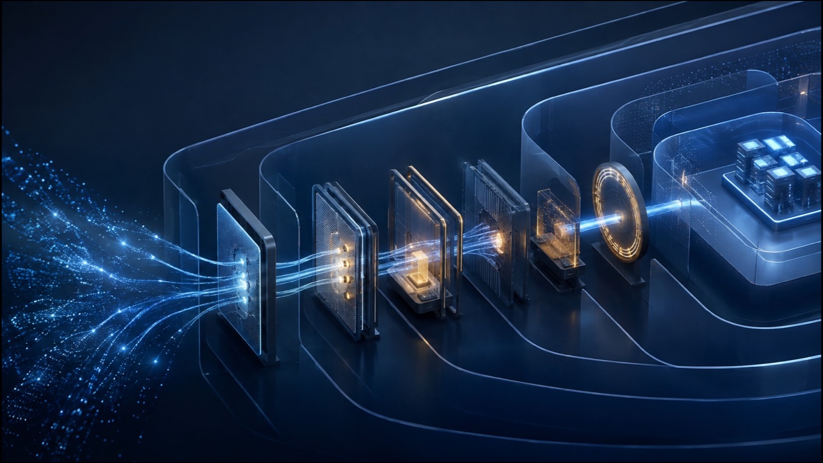 Abstract three-dimensional illustration: a high-capability cybersecurity model's data flow passes through layered verification, monitoring and human-control boundaries before entering protected enterprise infrastructure