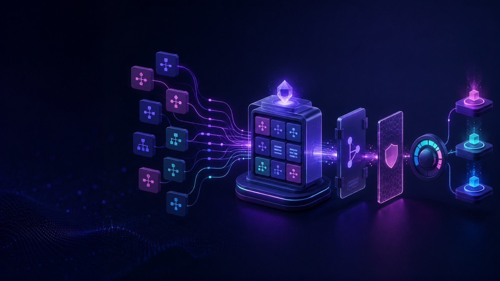 Abstract three-dimensional illustration: team process knowledge is packaged into modules, then passes through version, policy and context checks before reaching enterprise Agent execution nodes