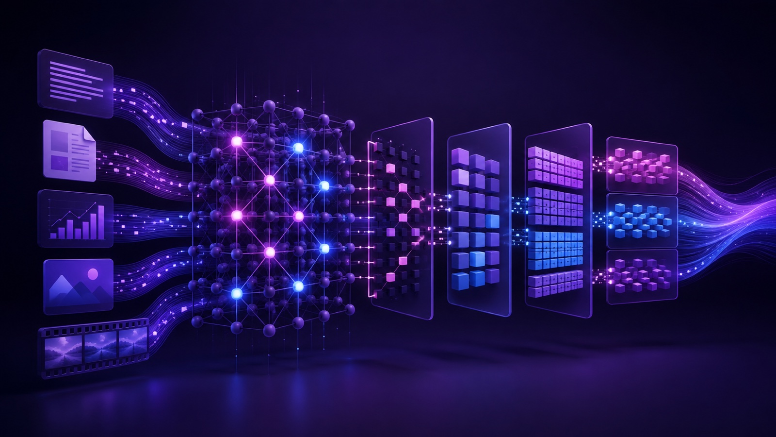 Abstract three-dimensional illustration: document, chart, image and video inputs enter a sparsely activated model, then pass through caching, quantisation and disaggregated inference layers to produce output