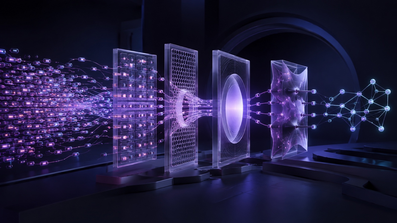 Abstract three-dimensional illustration: a large flow of Agent tasks passes through structures for task definition, outcome verification, human review and resource control, before converging into a traceable knowledge network