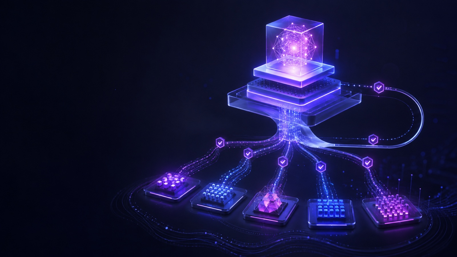 Abstract three-dimensional illustration: a model package passes through a unified software adaptation layer to several heterogeneous accelerators, while validation points and a rollback path keep checking the deployment