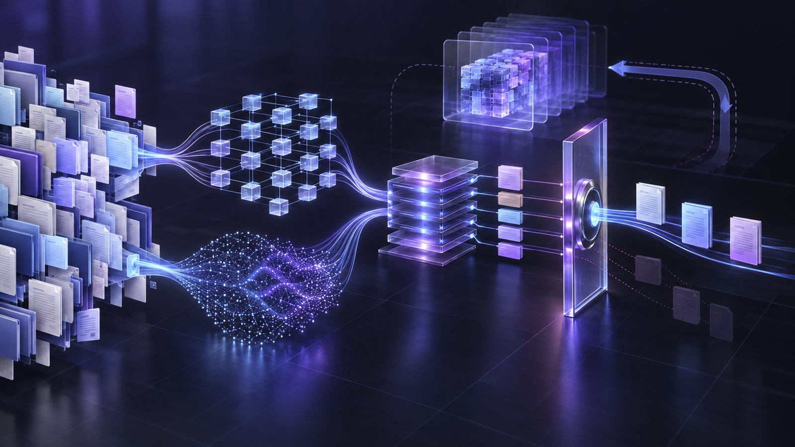 A wordless abstract retrieval-flow illustration comprising enterprise documents, a hybrid-search index, permission nodes and a backup layer