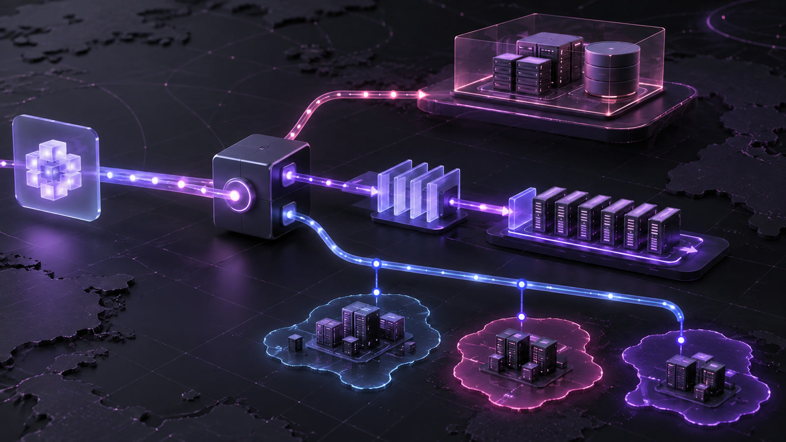 A wordless abstract three-dimensional illustration in which different forms of compute node branch along four paths for low latency, regional residency, on-premises data boundaries and long-running execution before converging at a shared observation node