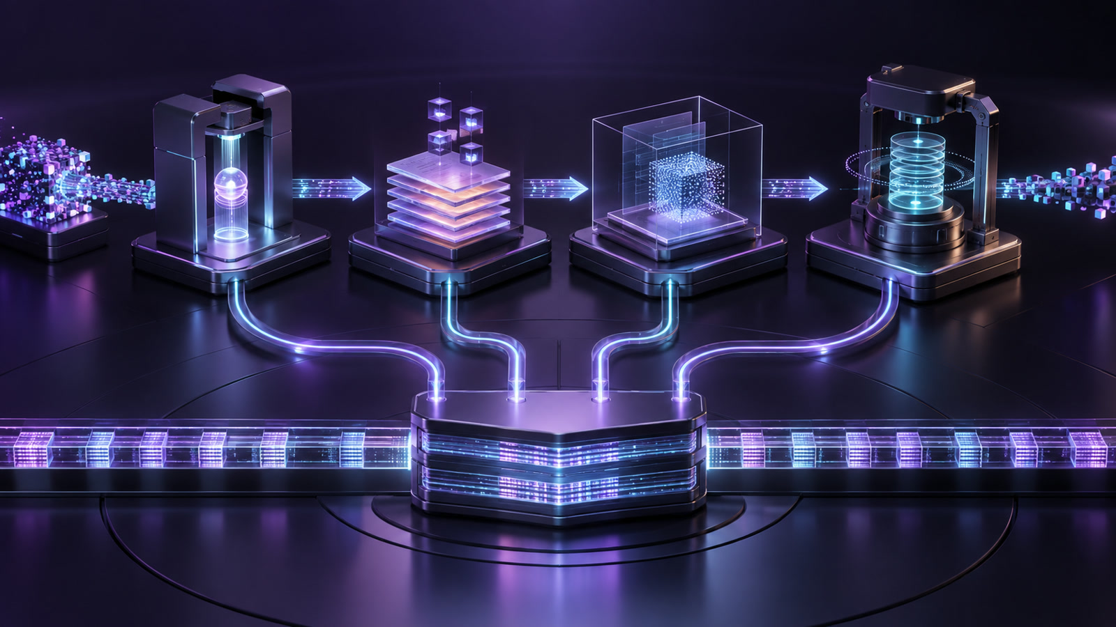 A wordless abstract three-dimensional illustration in which identity tokens, a cost ledger, evaluation traces and the lifecycle of underlying equipment form an auditable loop around an enterprise AI control plane