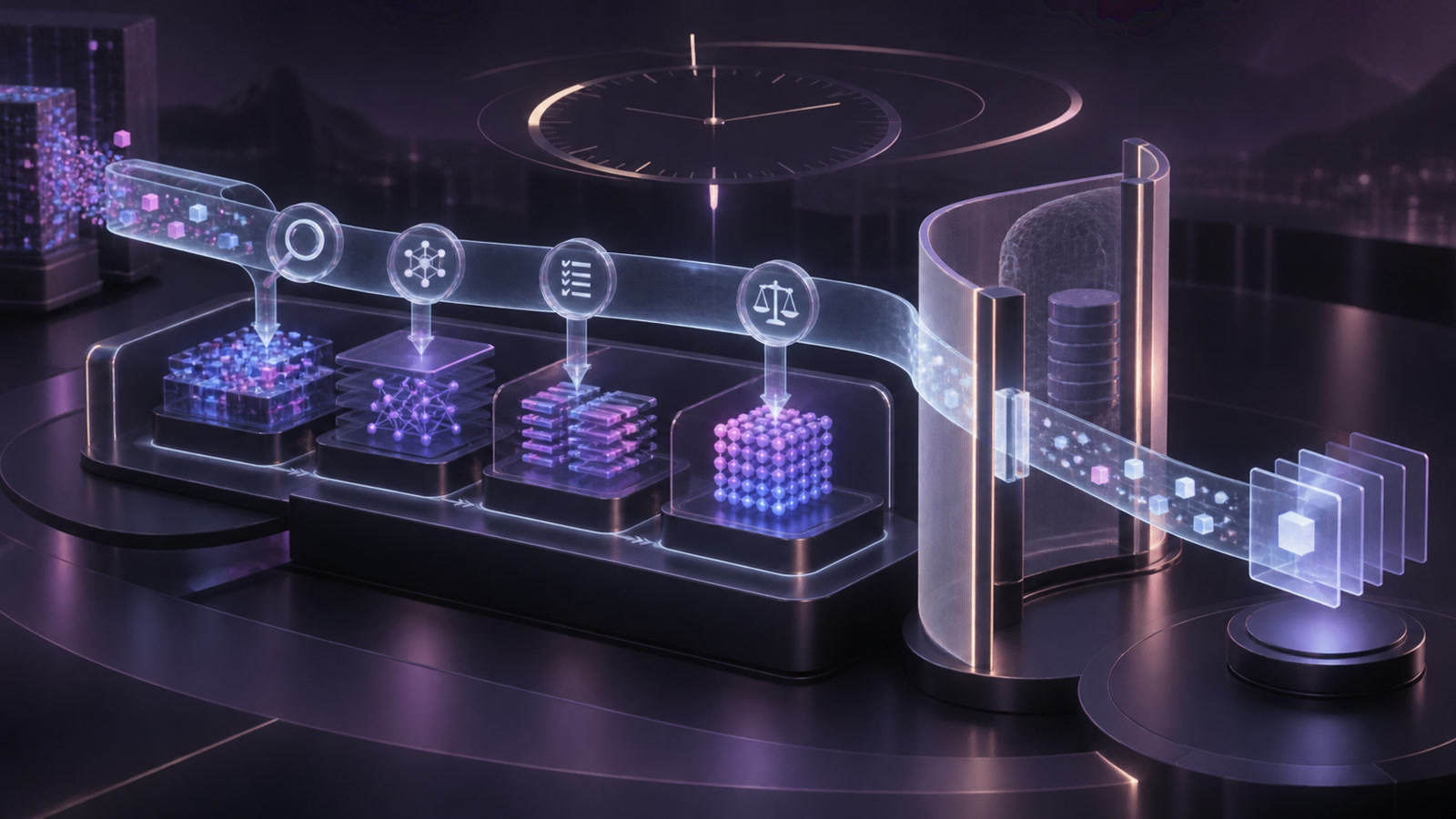 An abstract transparent review layer connects a model-training process, independent evaluation nodes and an enterprise-governance boundary