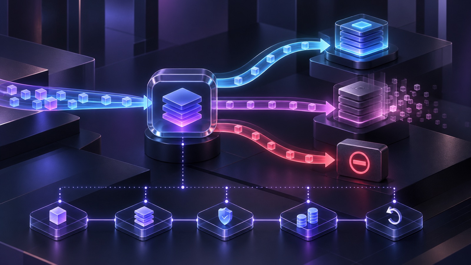 Abstract three-dimensional illustration: enterprise requests enter a model registry and routing node, then flow towards version redirection, service retirement and error blocking, while an audit chain records the path