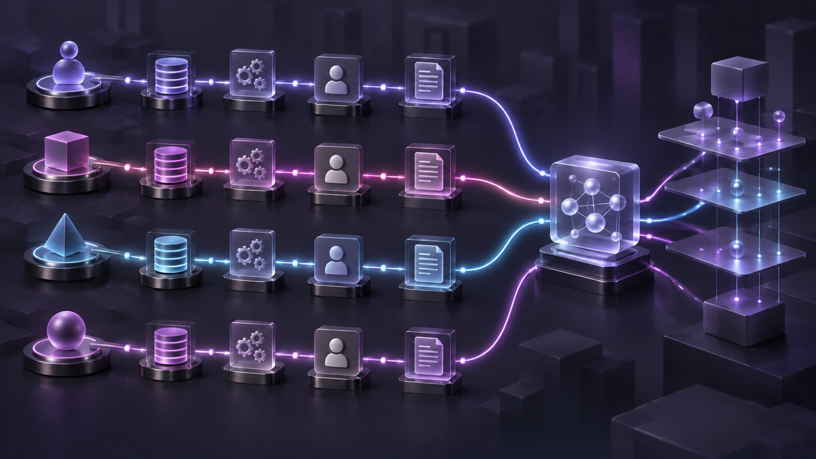 Wordless abstract three-dimensional illustration: four job workflows pass through business-data, rule, human-approval and outcome-record nodes before converging on a shared governance and relationship layer