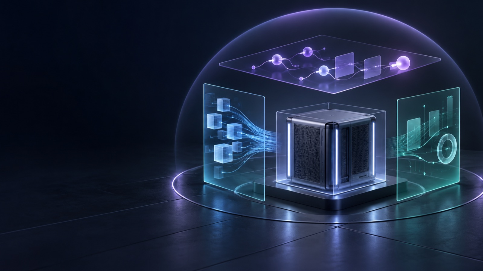 Wordless conceptual illustration: an abstract private-computing node connects separately to local data, workflow and observation layers; it does not depict real equipment or measured performance