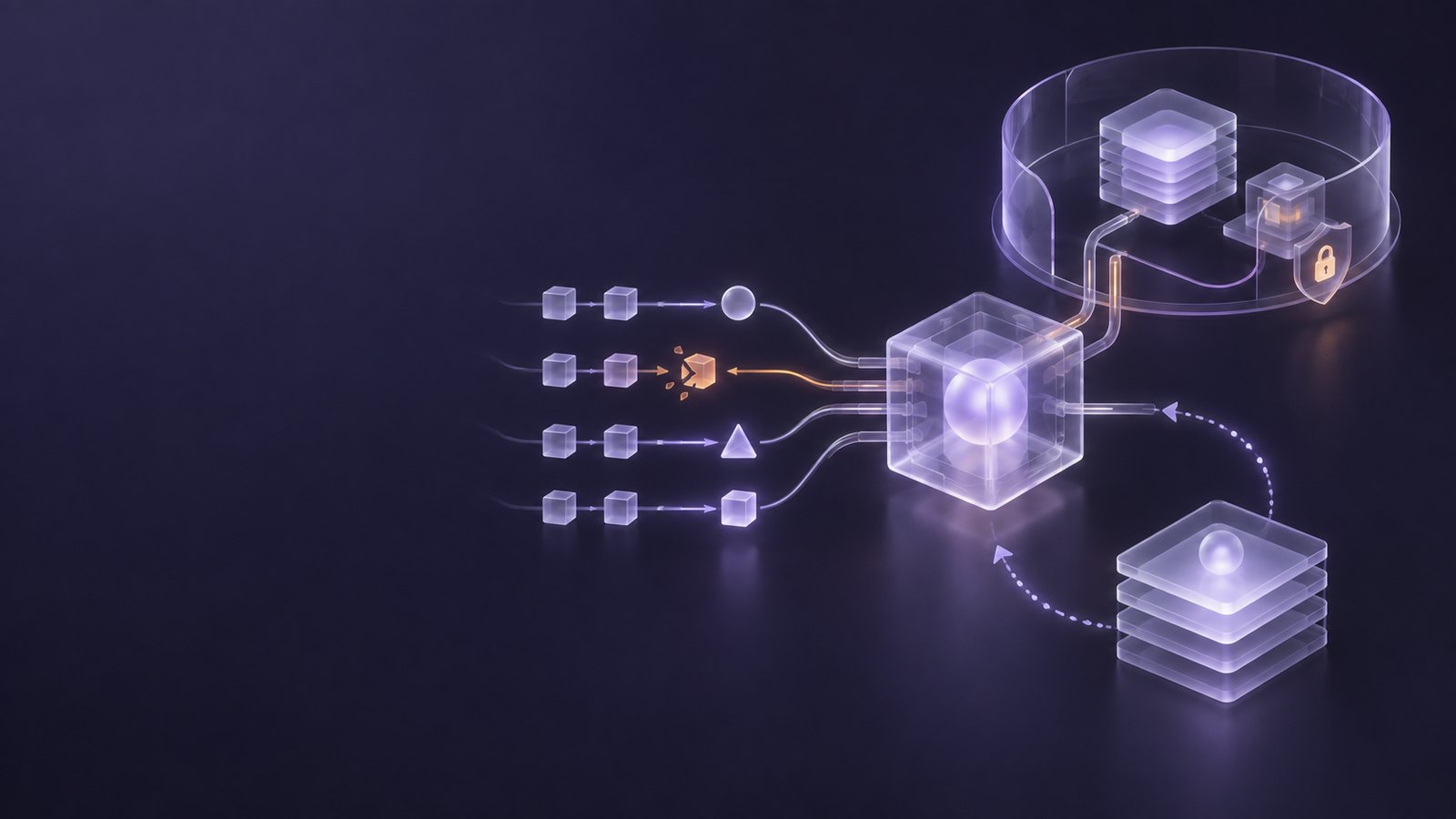 Wordless abstract conceptual illustration: parallel execution paths, a protection layer for memory and configuration, retained snapshots and a recovery loop connect separately to an enterprise AI workflow; it does not depict real products or measured data