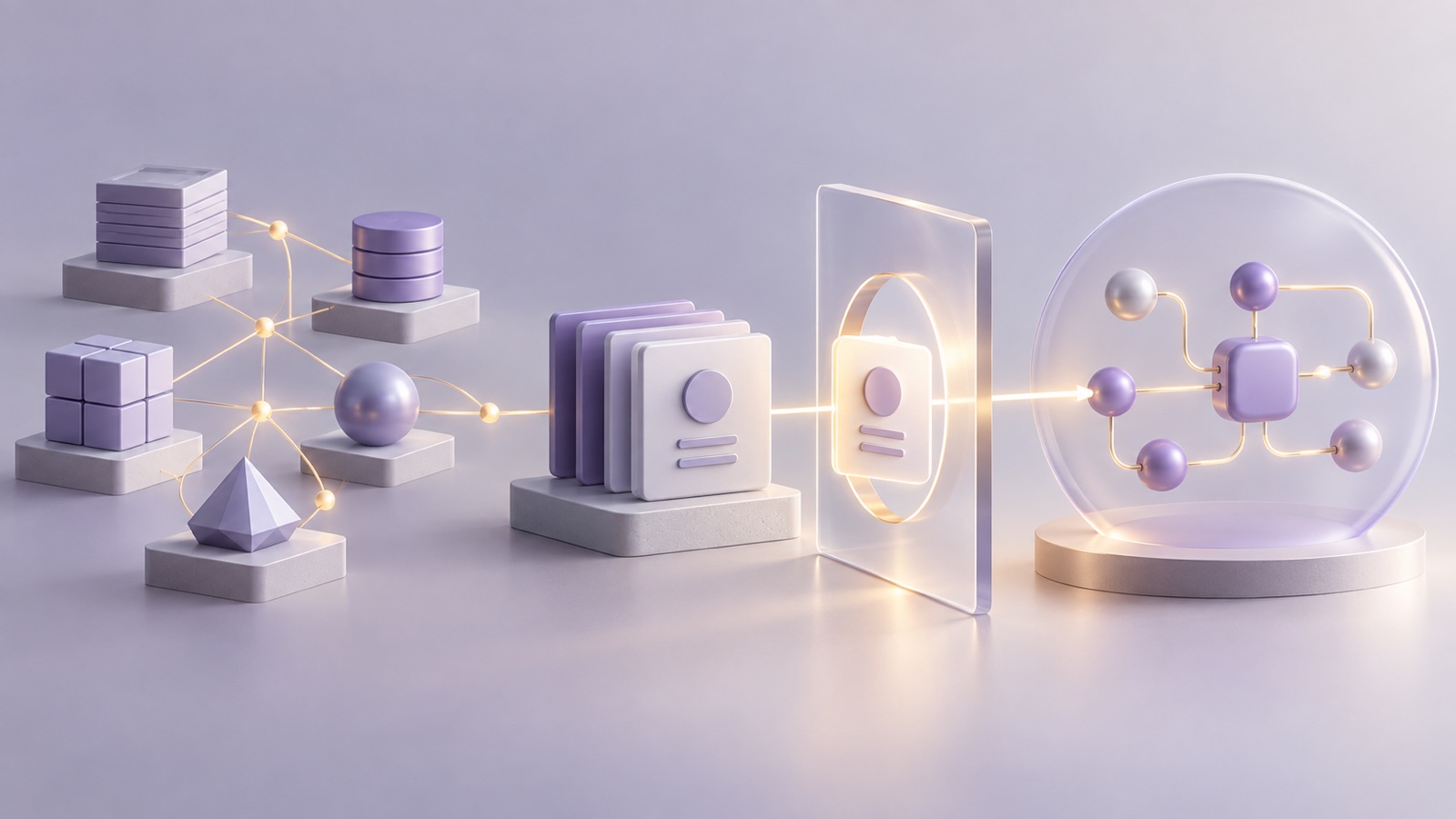 Wordless abstract conceptual illustration: data blocks remaining in place connect to a relationship network, while versioned definition cards pass through a transparent review gate into a bounded Agent workflow; it does not depict real products, vendor interoperability or measured results
