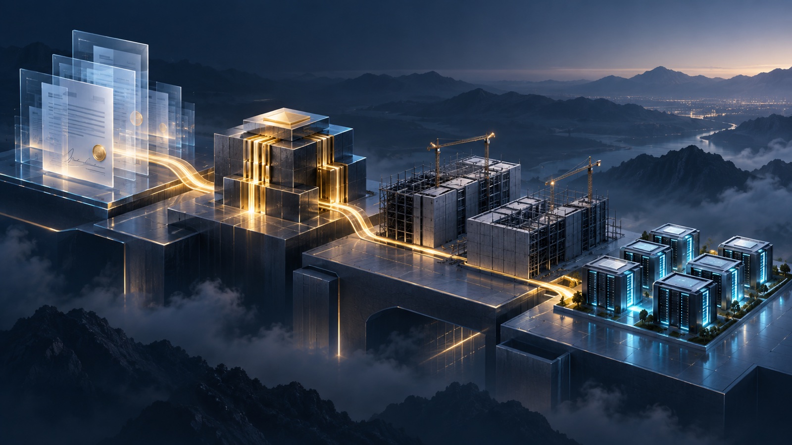 Wordless abstract illustration: contract documents, capital flows, compute facilities under construction and operating compute nodes are connected in separate stages; it does not depict a real enterprise site, a specific product or measured data
