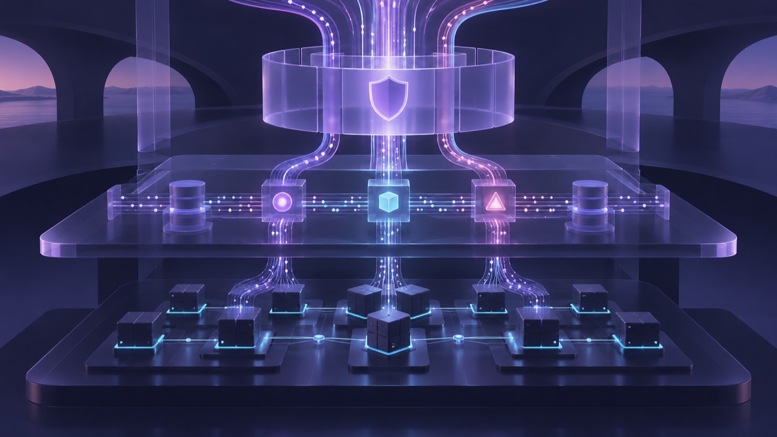 Wordless abstract concept illustration: a task flow passes through a policy gate, runtime-state and cost checkpoints, then enters distributed compute nodes; it does not depict a real product, enterprise site or measured data