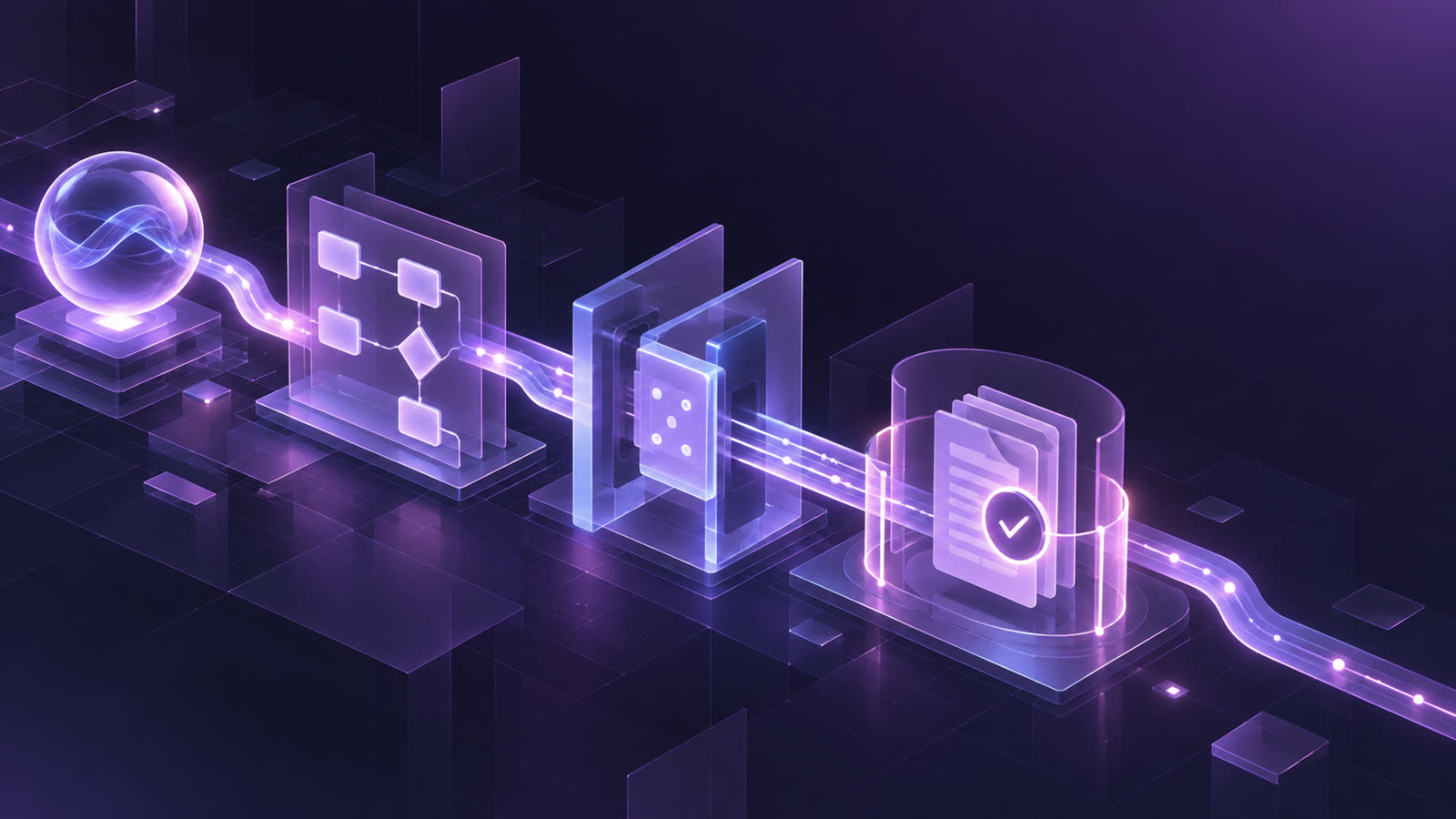 Abstract purple signal path crossing a workflow diagram, an interface gate and a document layer marked with a tick