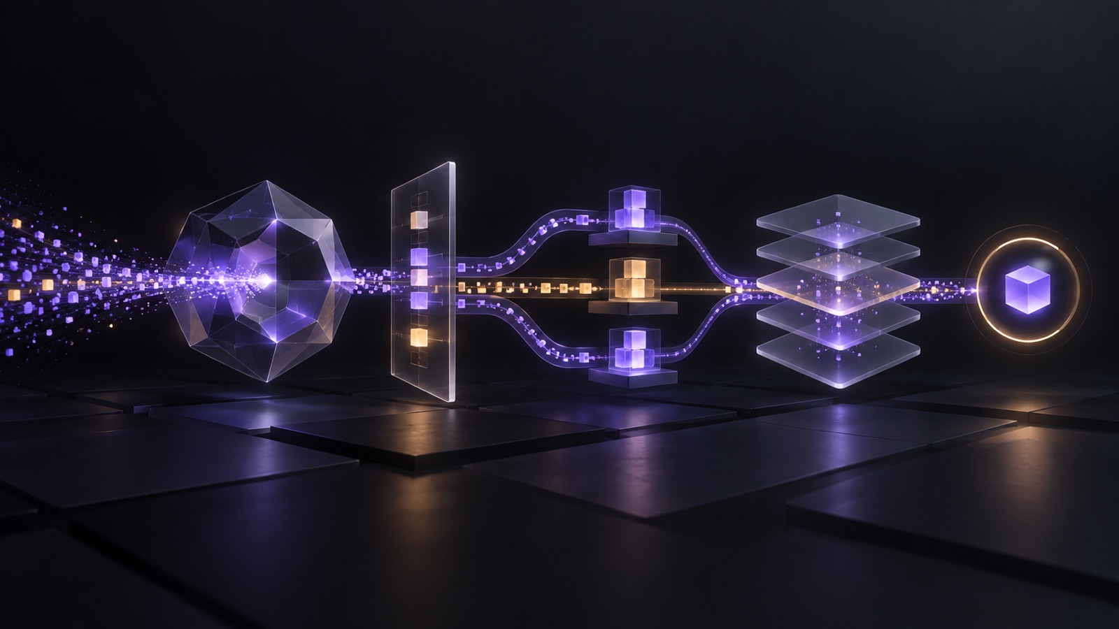 Wordless abstract concept illustration: an enterprise AI task passes through a model core, compatibility checks, staged rollout and memory layers before reaching a verified result area
