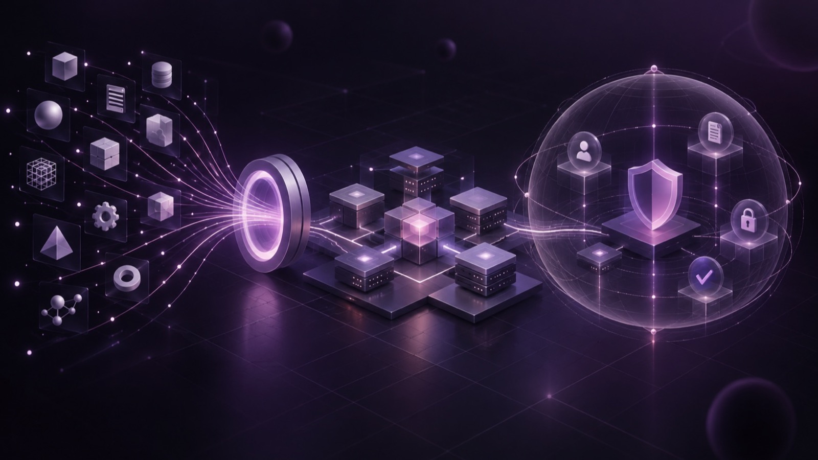 Wordless abstract concept image: catalogued modules pass through a single gateway into a deployment plane and are then enclosed by identity, policy and audit boundaries; it does not represent real products, vendor interoperability or measured results