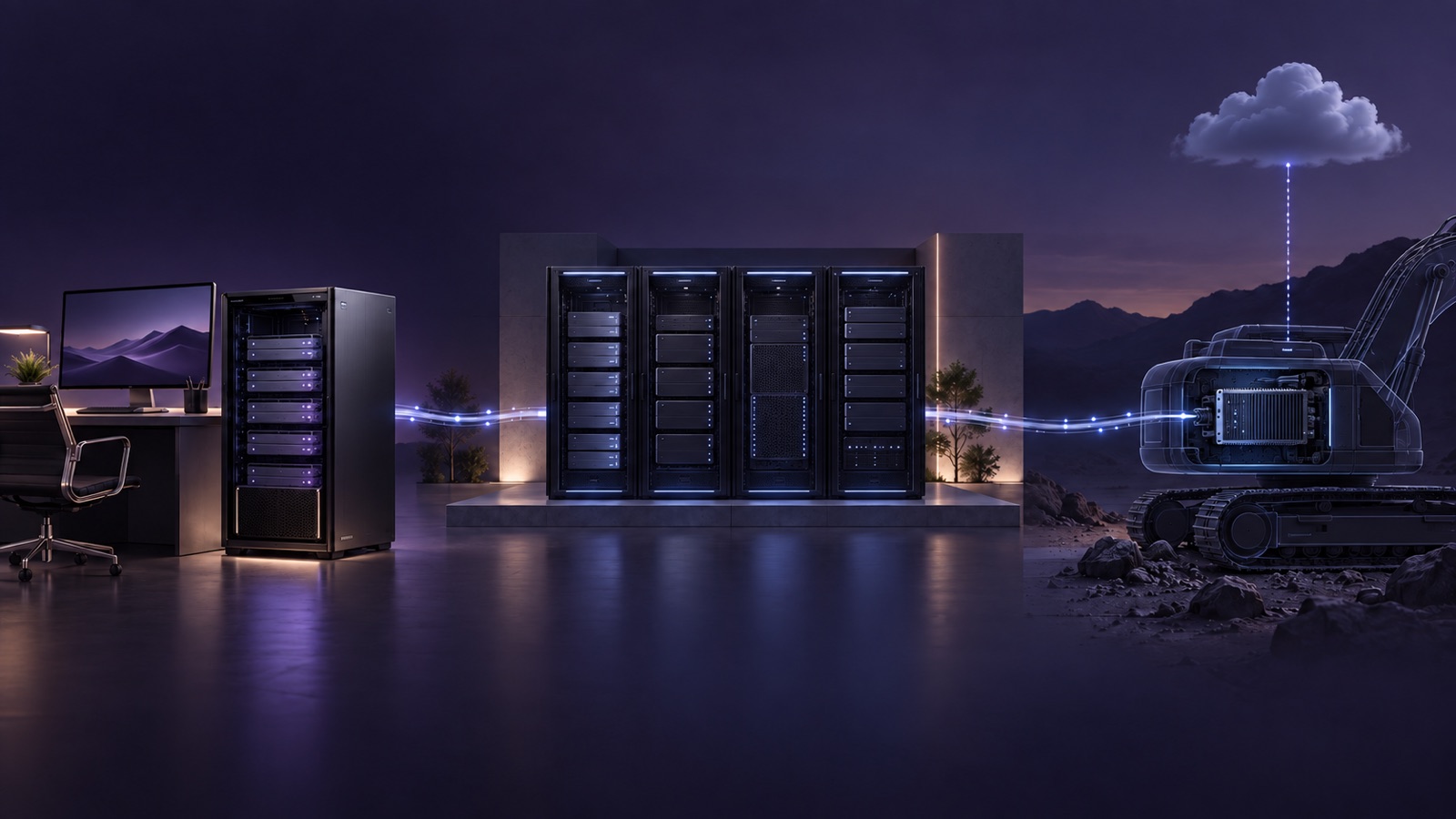 Wordless concept illustration: a deskside workstation on the left, a self-hosted rack in the centre and an embedded industrial device on the right are linked by light; it does not depict real products or measured performance