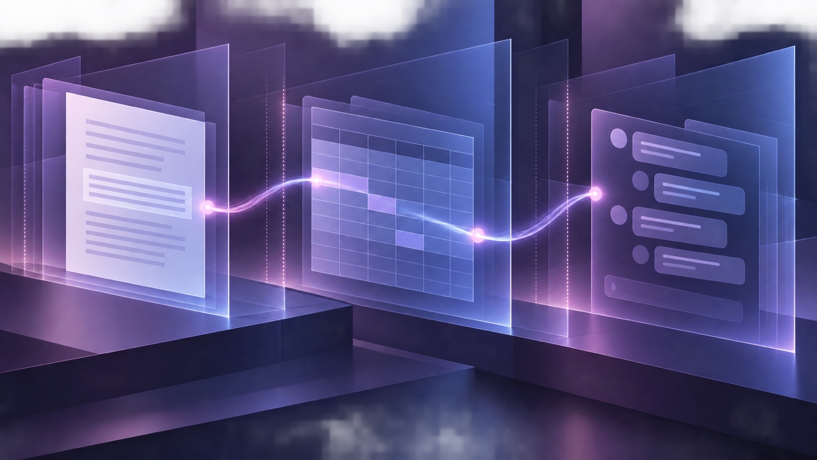 Wordless concept illustration: a document, a spreadsheet and a team-chat surface are linked by a ribbon of light, while transparent layers represent identity, permission and review boundaries; it does not depict a real product interface