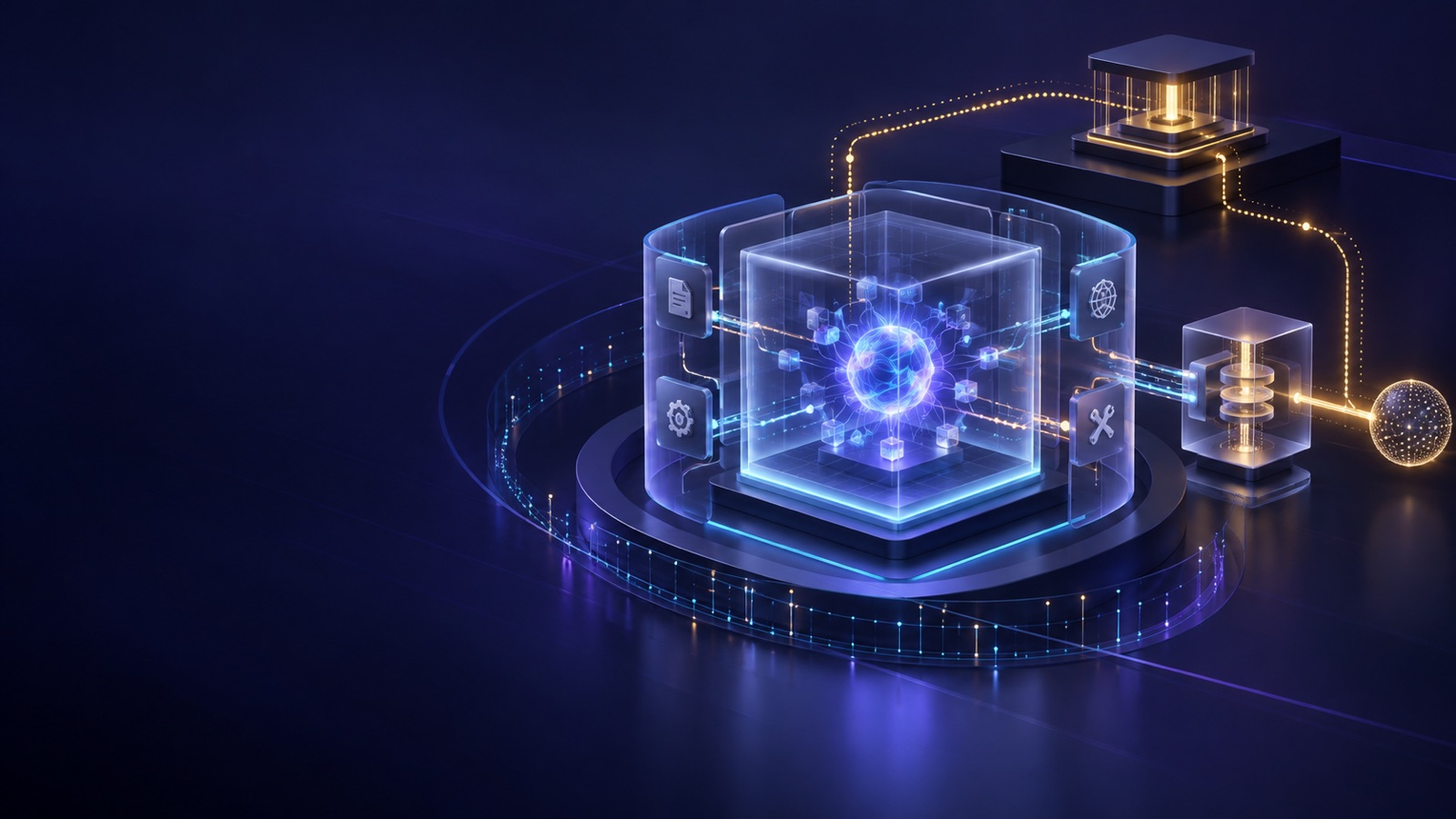 Wordless concept illustration: a luminous Agent core sits inside a transparent chamber, with an outer policy runtime, a credential broker and an independent control plane; it does not depict a real product or measured system