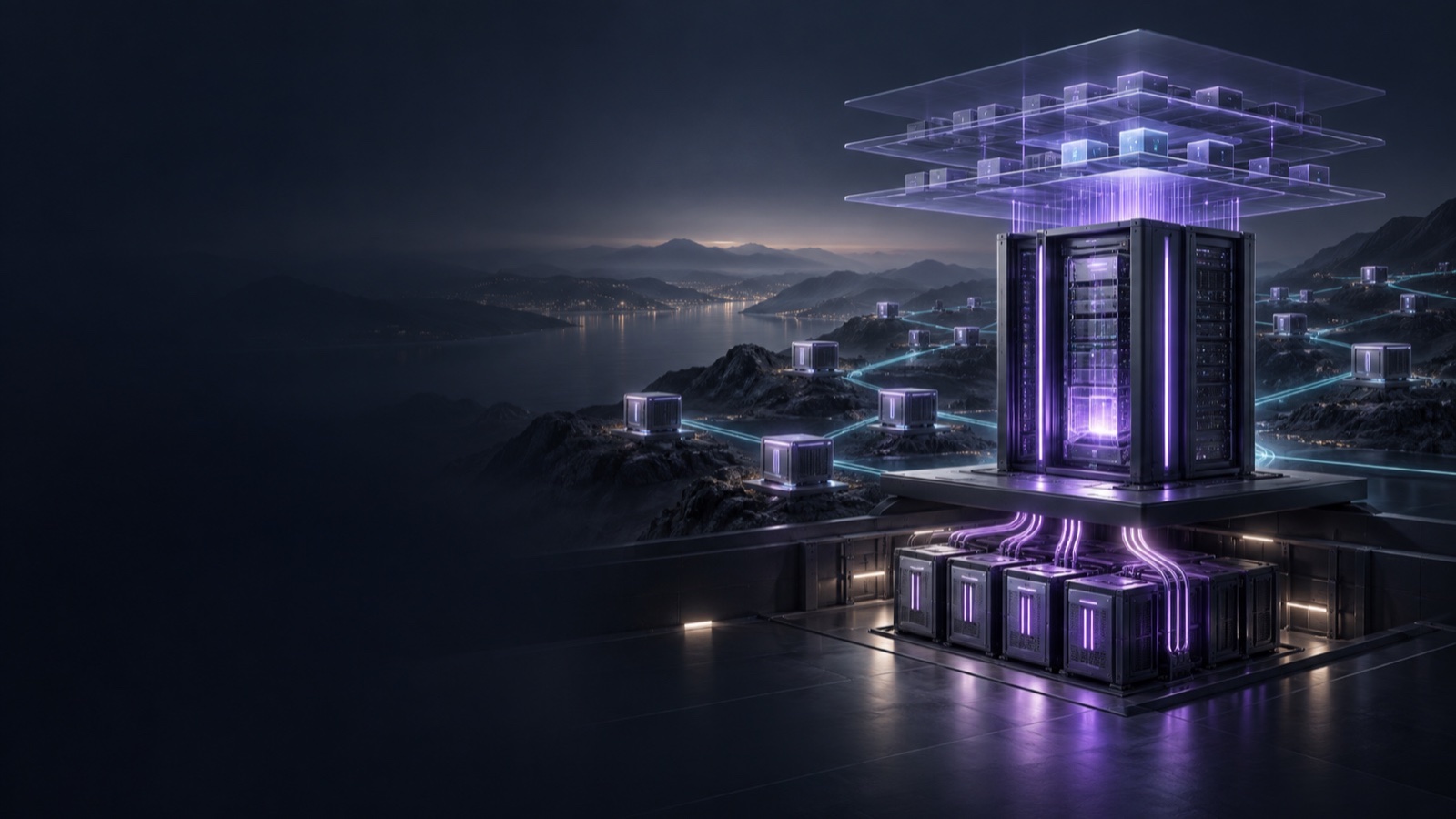 Wordless concept illustration: an AI compute node on the right connects upwards to a software runtime layer, into the distance to distributed edge nodes, and downwards to a rack-level power buffer; it does not depict a real product, site or measured data