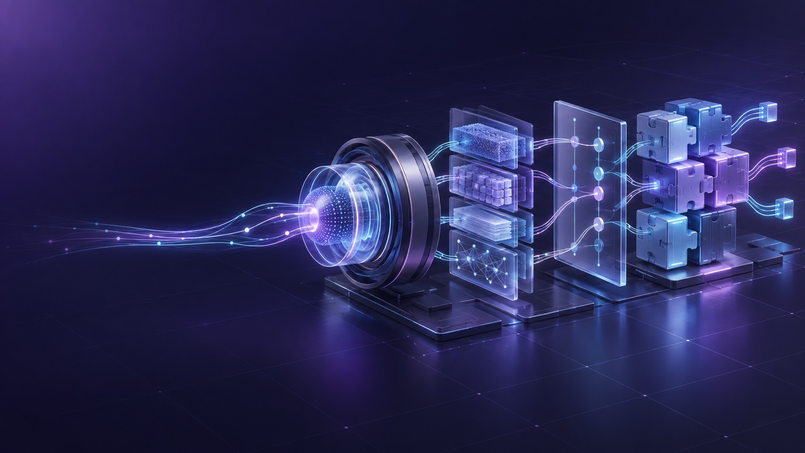 Wordless abstract concept image: a luminous operating chain passes through a circular inference core, layered retrieval modules, a transparent permission gate and composable version modules, with dark negative space on the left