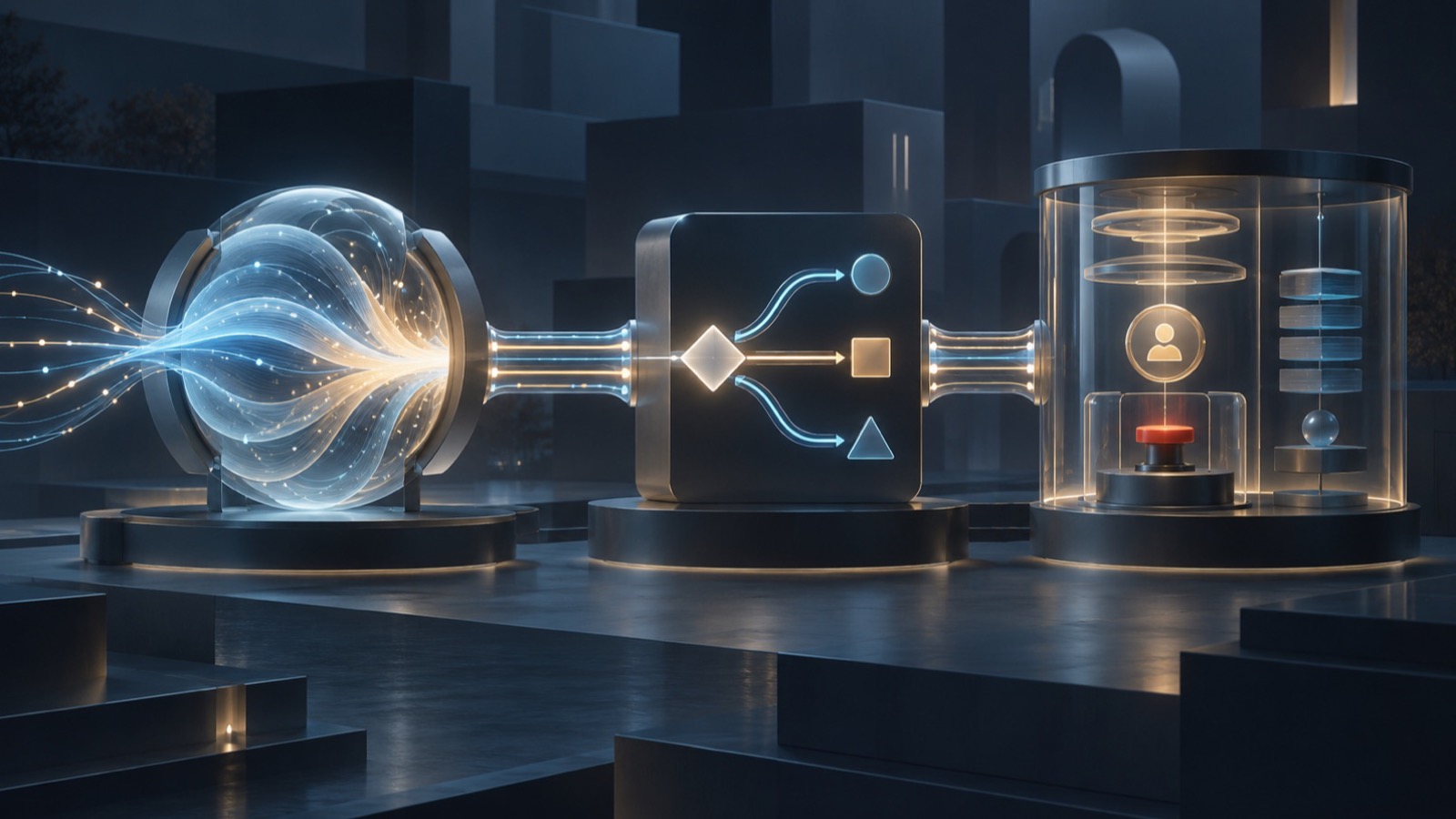 Wordless abstract illustration: a luminous generation core connects to a fixed-branch decision gate and a transparent control chamber containing human approval, a stop button and state modules