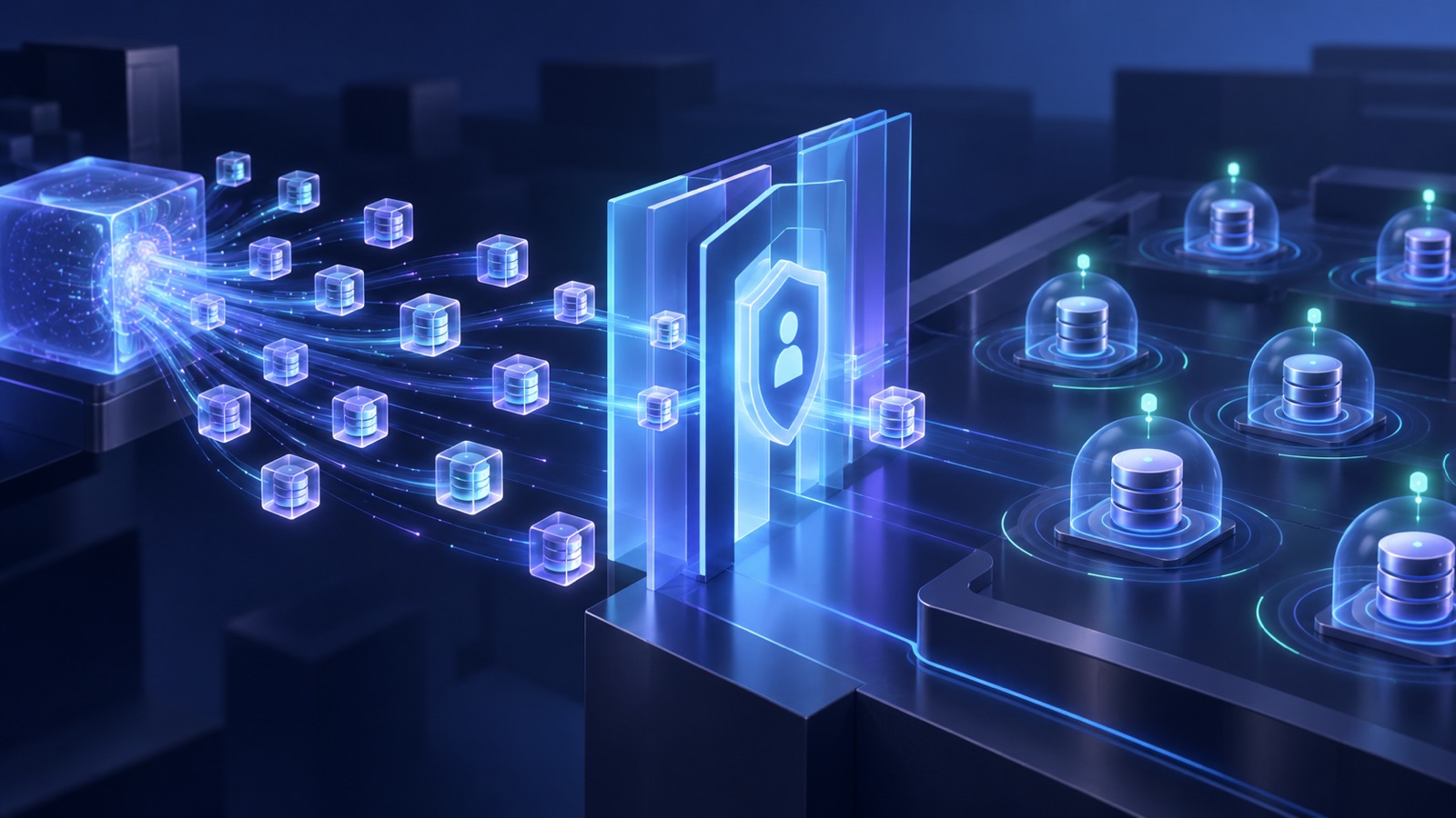 Wordless abstract illustration: isolated database units pass through an identity and permission gate into a production data plane marked by status rings