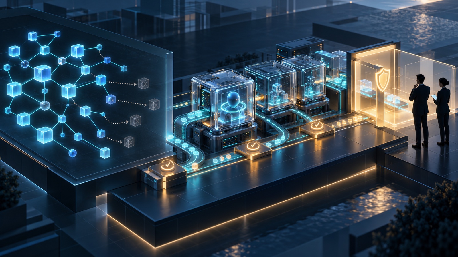 Wordless conceptual illustration: a code relationship graph, Agent runtime containers and a human safety handover gate connected in sequence
