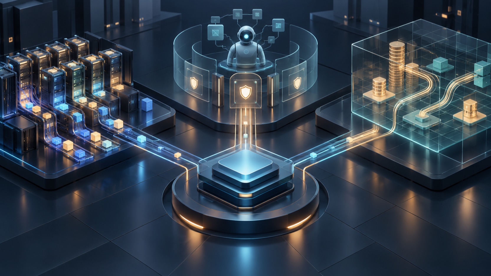 Wordless conceptual illustration: inference compute, an Agent authority boundary and a financial ledger connect to the same enterprise AI operating foundation