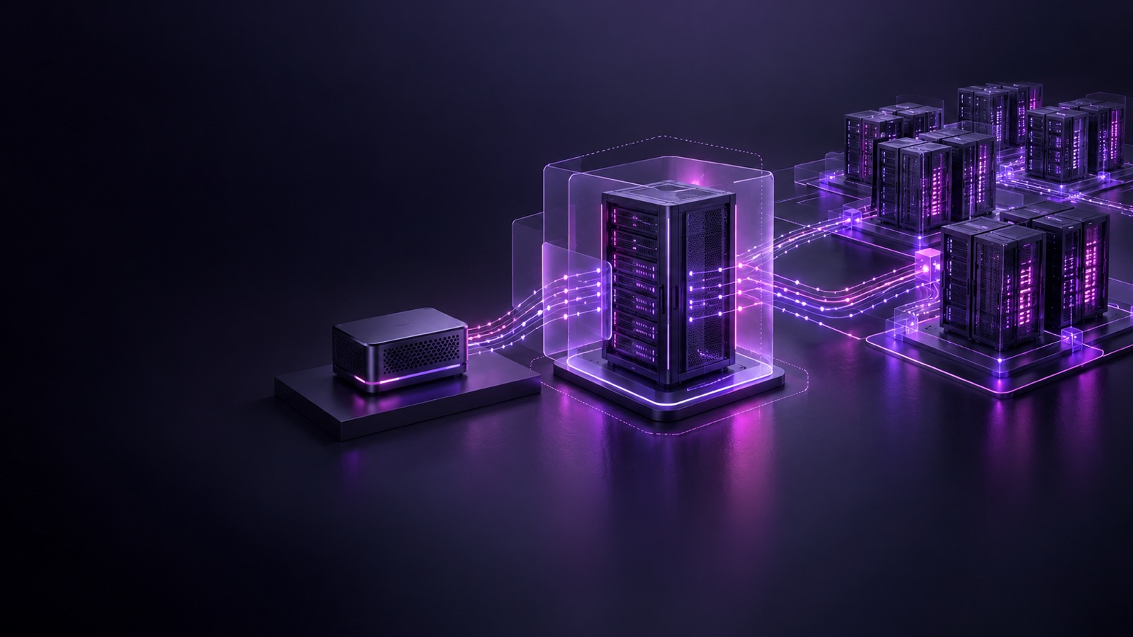 Conceptual illustration: a deskside compute node, a private-cloud rack and an inference cluster are connected by data pathways, with a transparent isolation layer around the central node