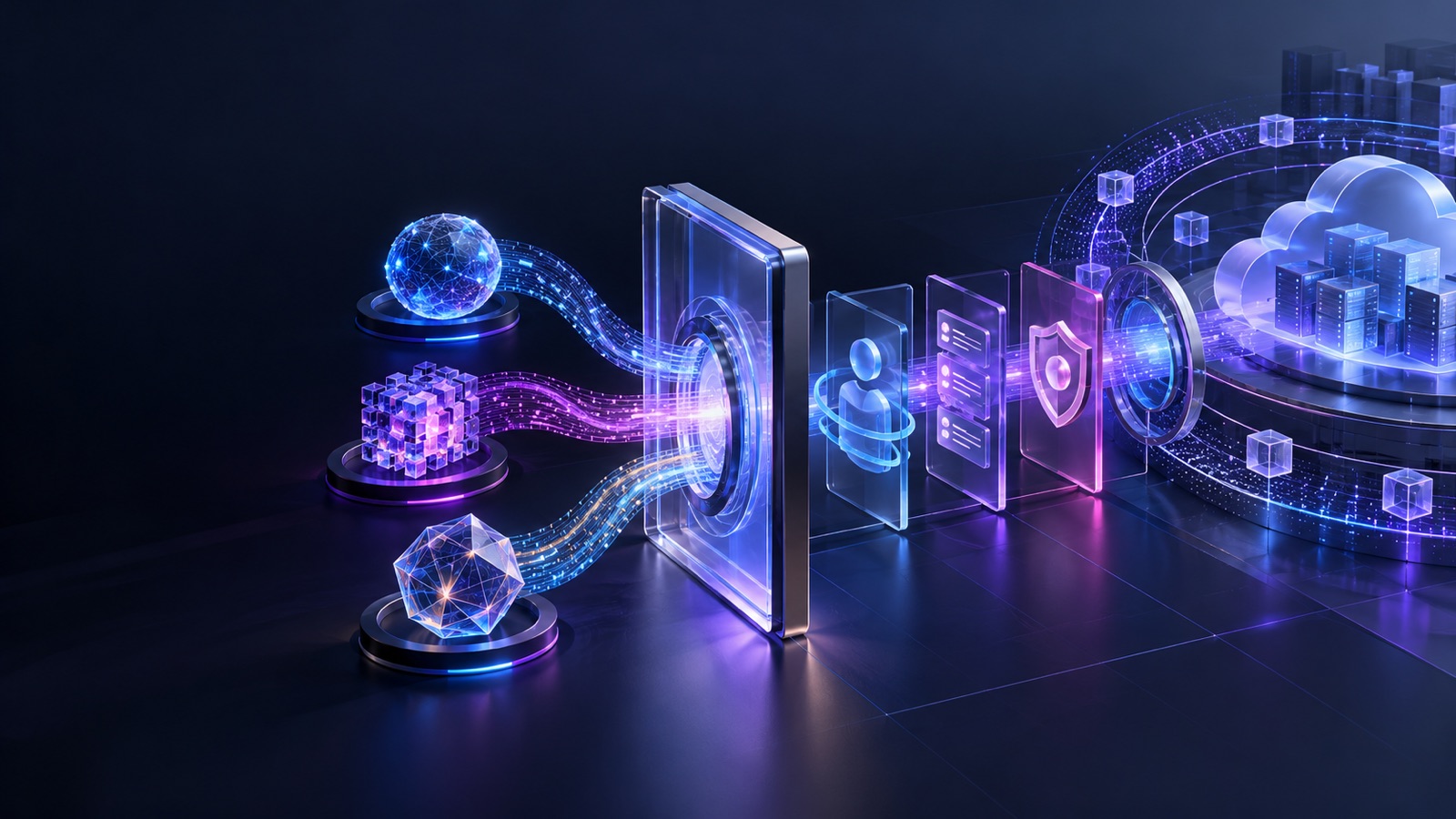 This conceptual illustration shows three model cores passing through a shared gateway into identity, audit, safety-policy and cloud-data-boundary layers