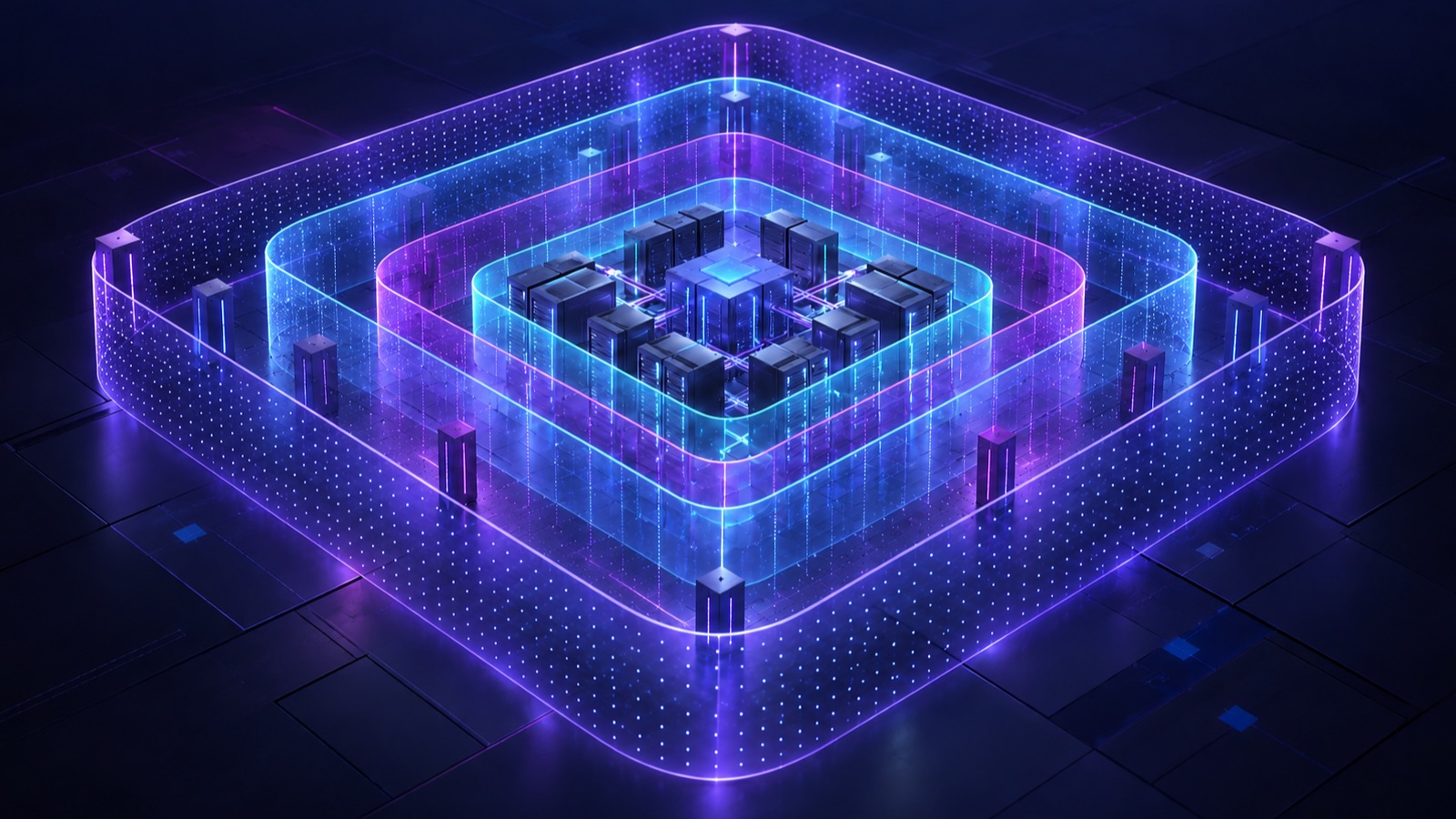 This non-documentary conceptual illustration shows four transparent operating boundaries around a central compute cluster