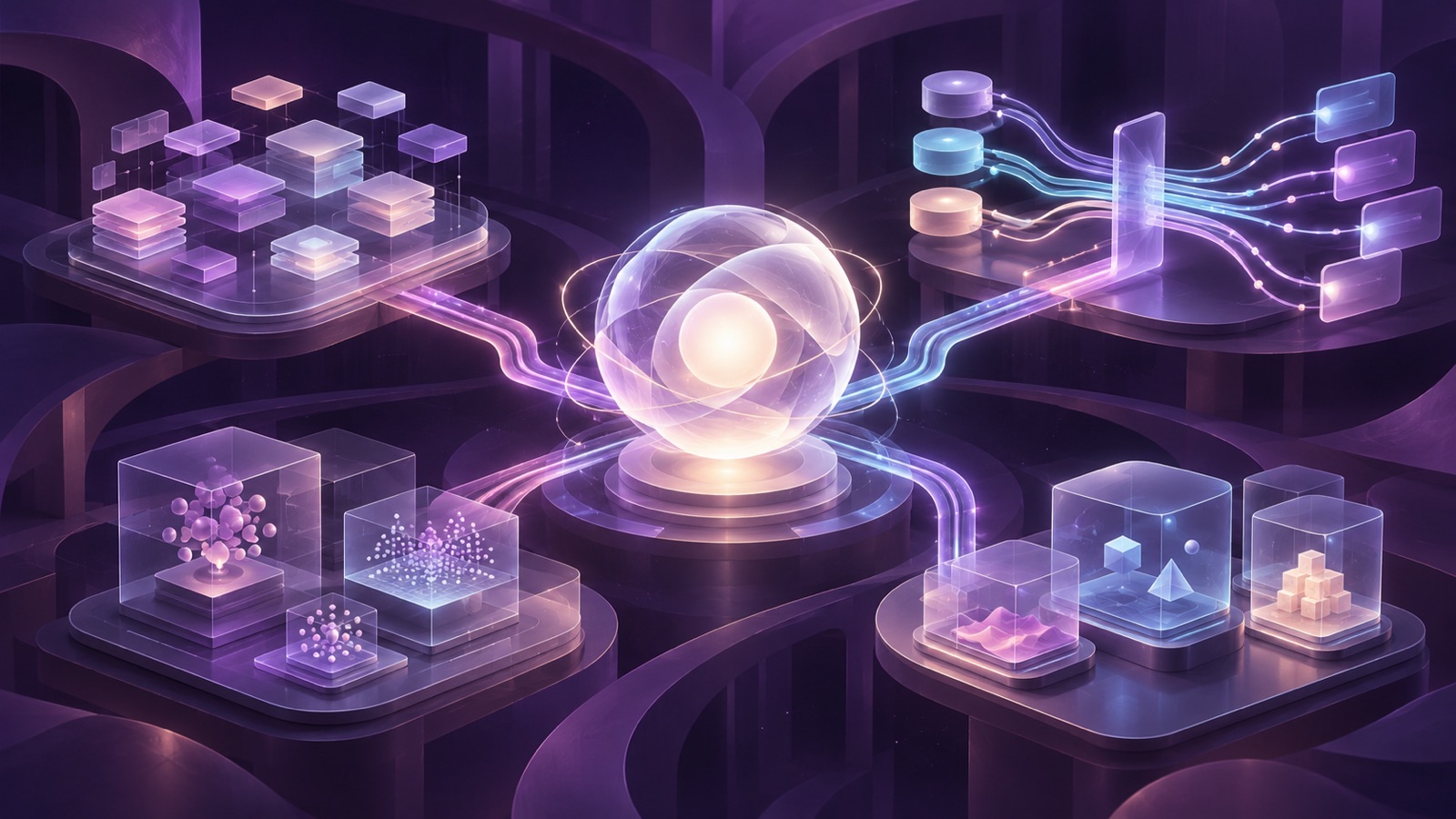 This non-documentary conceptual illustration shows a glowing agent core connected to skill modules, request paths, training environments and isolated sandboxes