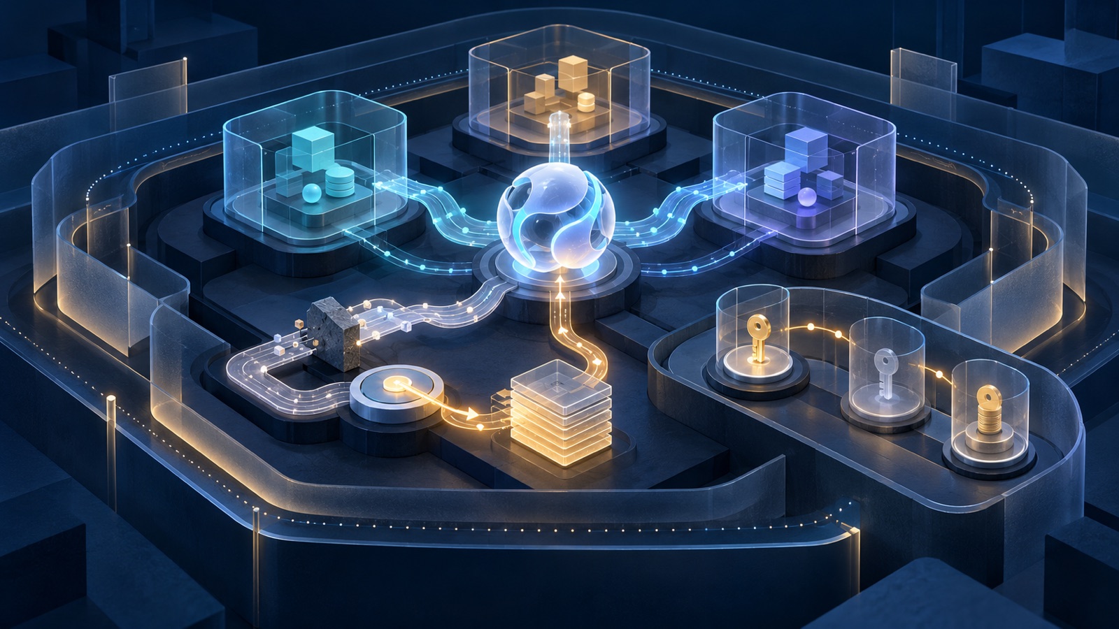 This non-documentary conceptual illustration shows isolated Agent sessions connected to a protected core through recoverable paths, state records and a credential lifecycle