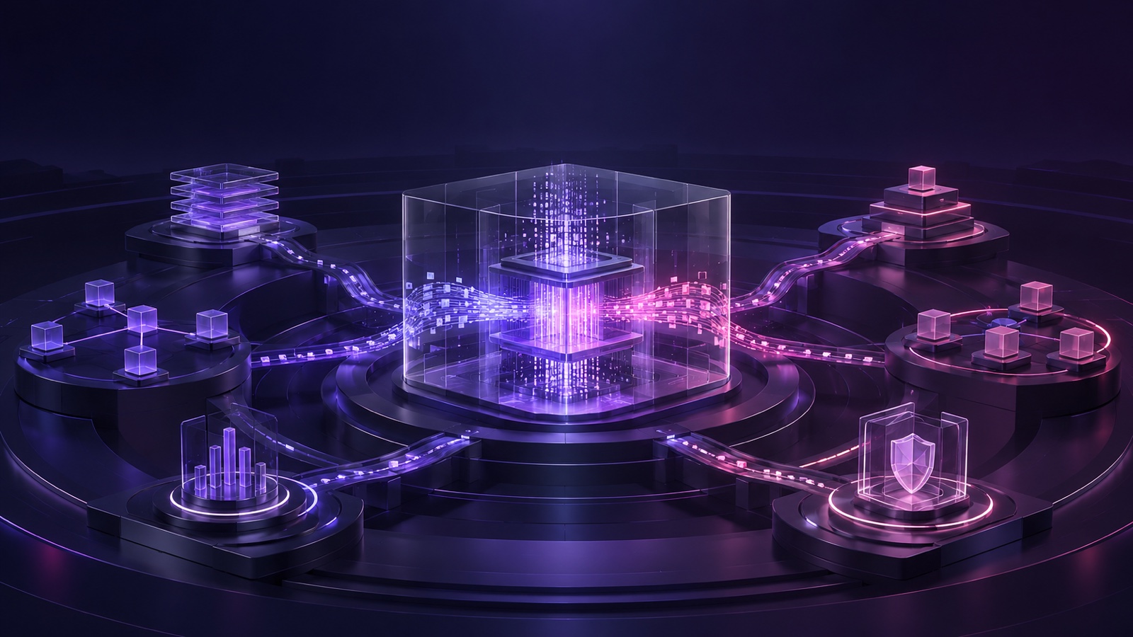 This non-documentary conceptual illustration shows an isolated inference core connected to surrounding cache, routing, load-balancing, monitoring and access-control modules
