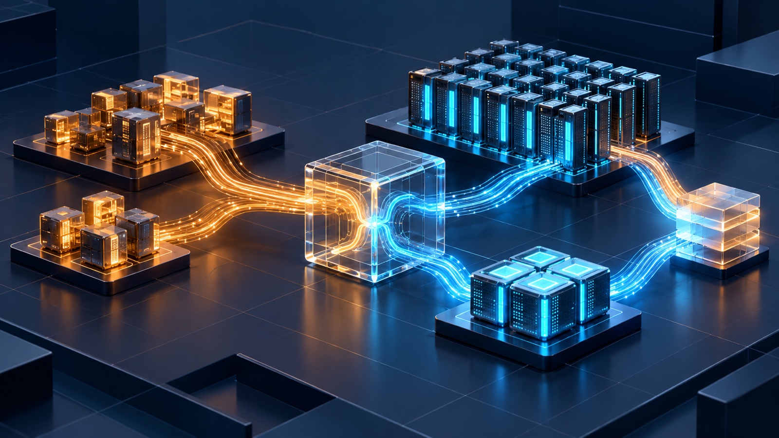 This non-documentary conceptual illustration uses amber general-compute modules and blue accelerated-compute modules to show tasks splitting after a central router and rejoining later