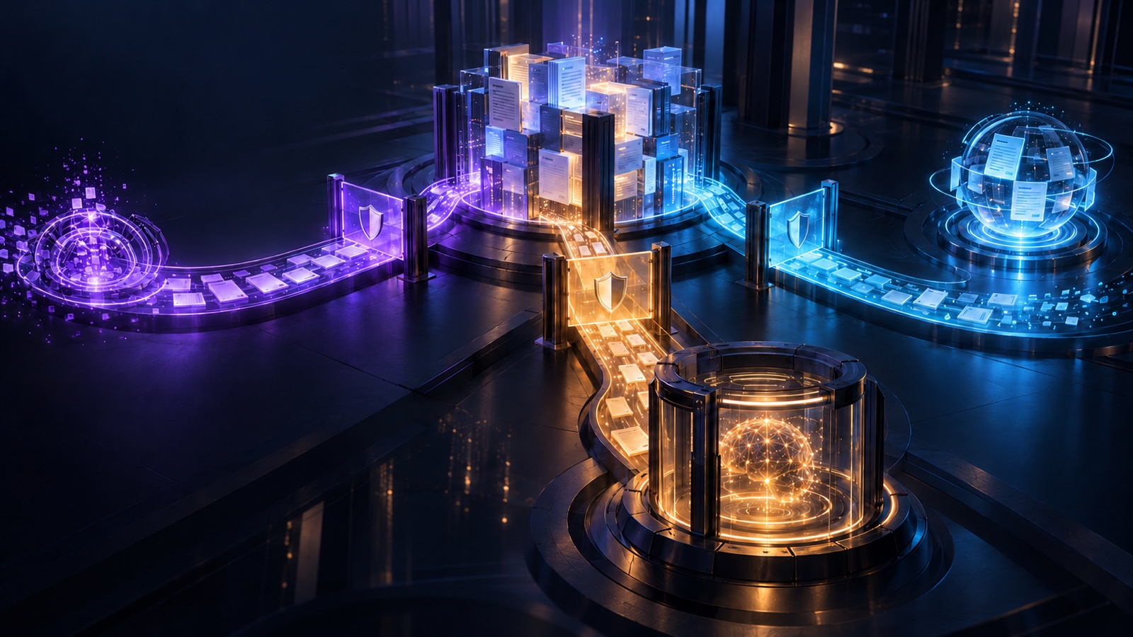 This non-documentary concept illustration shows a central content repository connected through separate policy gates to a crawling intake, a model-training chamber and a grounding node for generated answers