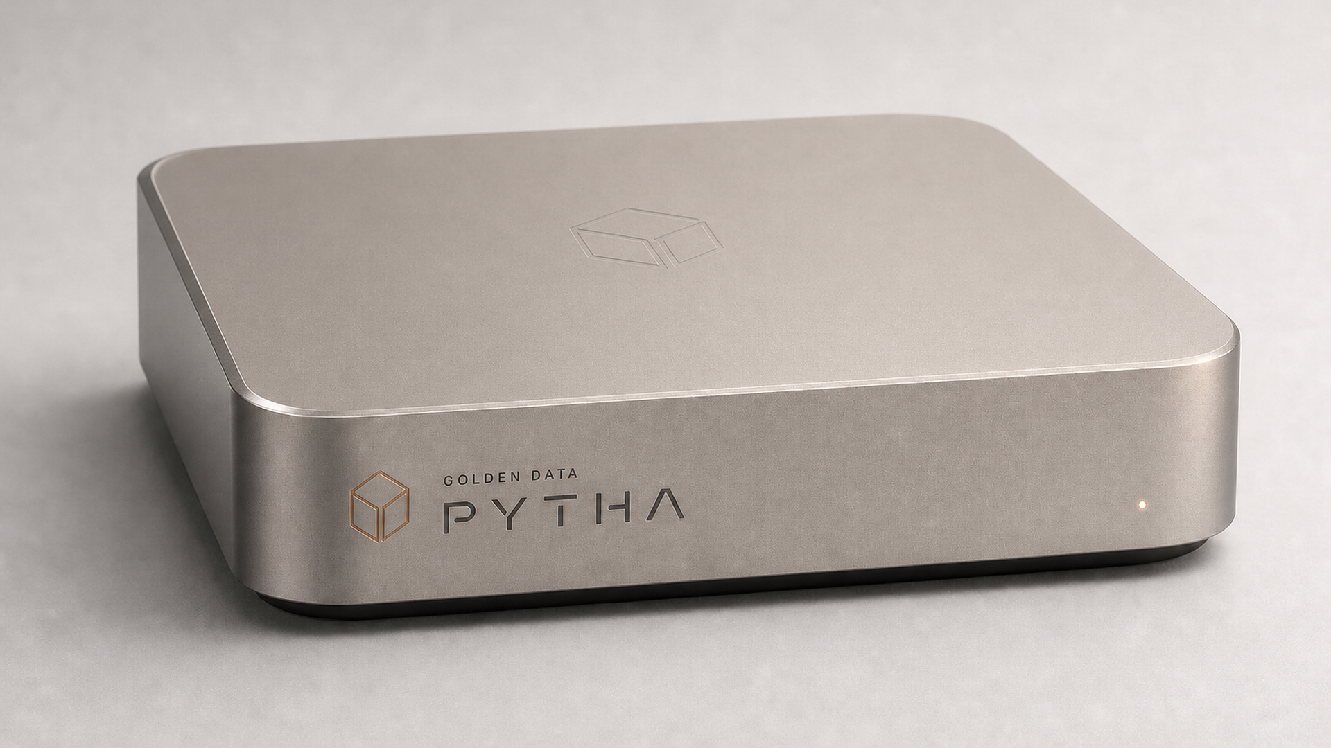 Warm metal Golden Data Pytha Box with engraved branding and a status light